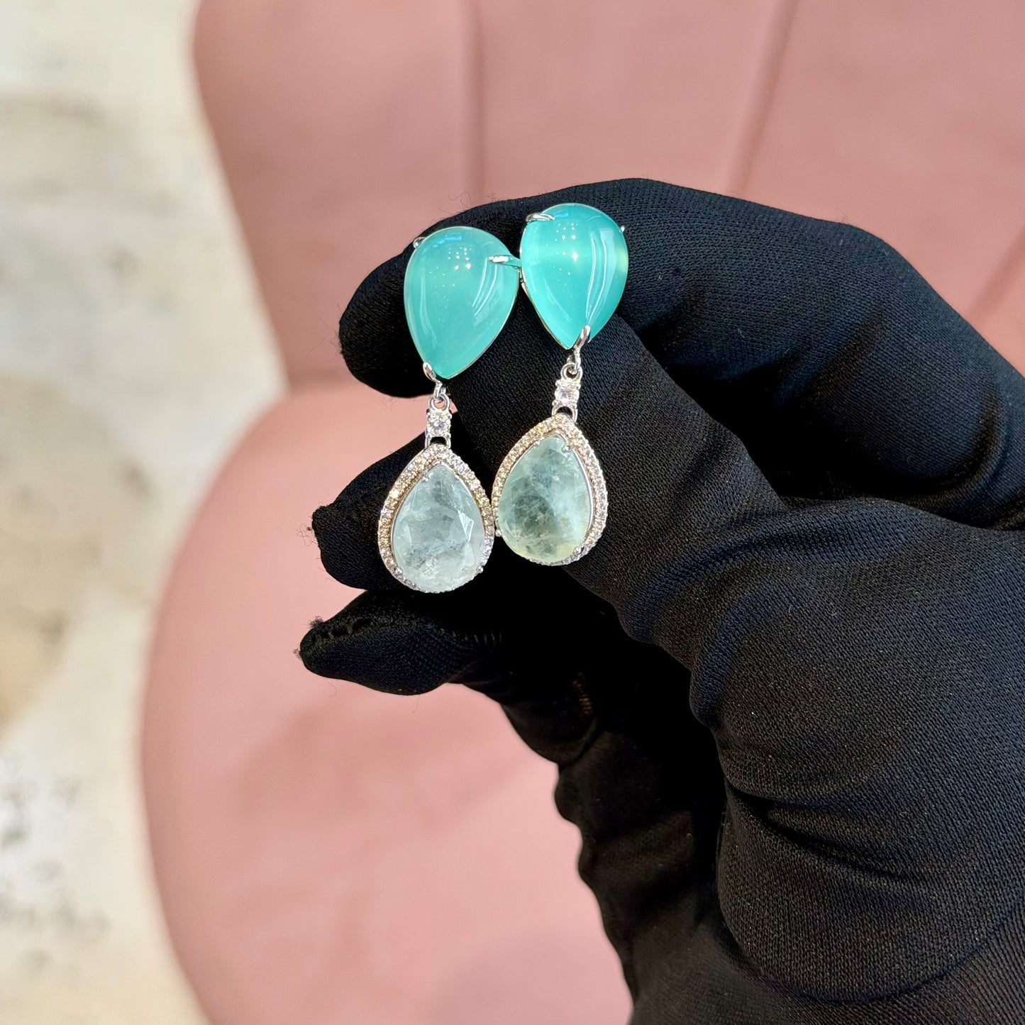 Orecchini Pendenti Doppia Goccia Verde Smeraldo e Giada