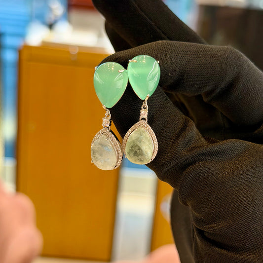 Orecchini Pendenti Doppia Goccia Verde Smeraldo e Giada