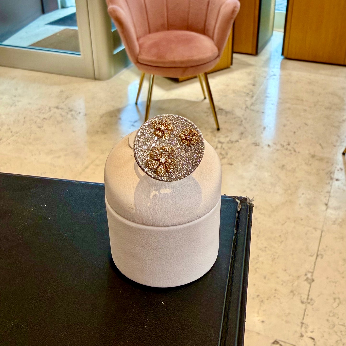 Anello a Disco in Oro Bianco e Rosa 18kt con Pavé di Zirconi