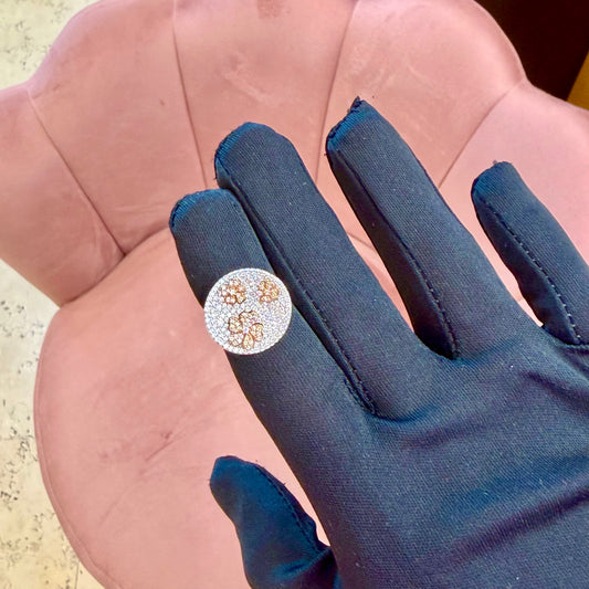 Anello a Disco in Oro Bianco e Rosa 18kt con Pavé di Zirconi